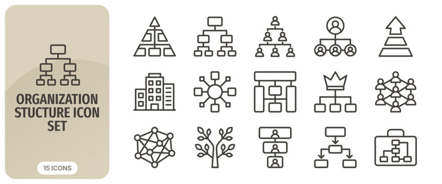 Set of organization structure icons, business hierarchy, corporate management, team workflow, company chart, vector illustration, linear design elements for business presentation and web design