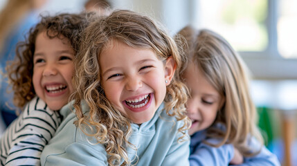 Fototapeta premium Three joyful young children laughing and playing together in a bright classroom, friendship, childhood happiness, kindergarten education, faceless, with copy space