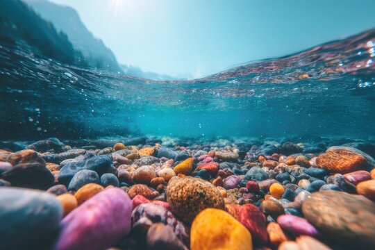 Underwater Riverbed with Colorful Pebbles and Sunlit Surface