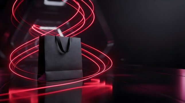 Dynamic Red Neon Light Traces Swirling Around a Minimalist Black Shopping Bag in a Dark Ambient Space