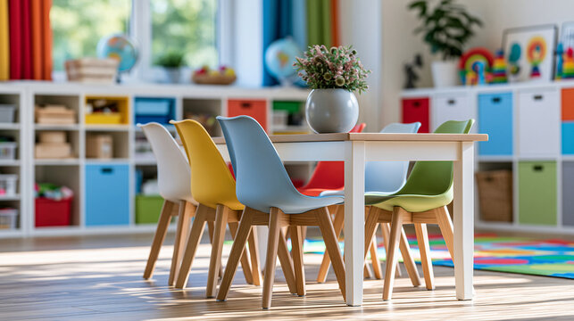 Bright kindergarten classroom with colorful curtains, natural sunlight and organized storage shelves, modern preschool interior, early childhood education, with copy space