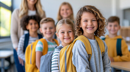 Obraz premium Diverse group of smiling students gathered with their teacher in a bright classroom, inclusive education, friendship, school community, faceless, with copy space