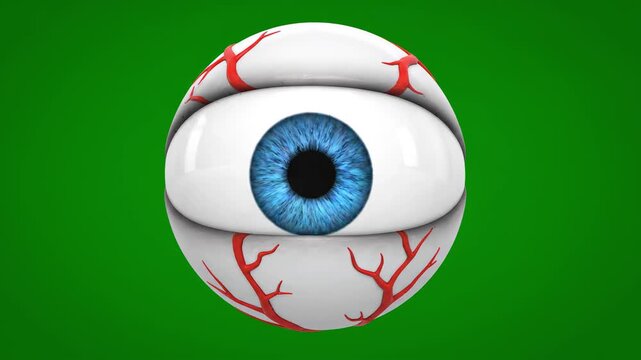 Stylized eye with blue iris and red blood vessels on green background