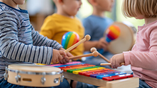 Diverse preschool children playing xylophone, tambourine, maracas and small drums during music class, early childhood development, music education, faceless, with copy space