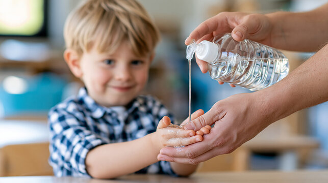Adult applying hand sanitizer to a young child's hands in a preschool classroom, hygiene education, infection prevention, healthy habits, faceless, with copy space