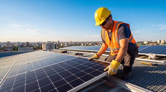 Worker in hardhat mounting solar panels on a building roof with installation