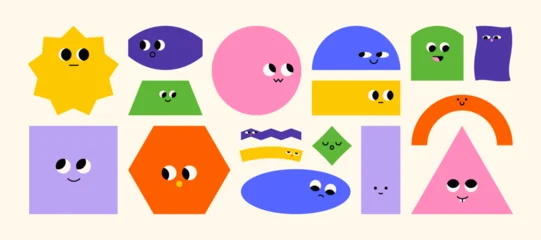 Geometric figures with funny faces. Basic abstract shapes with cute emotions, modern flat doodle polygons characters, cartoon mascots for stickers. Vector isolated set © Studio Cantath