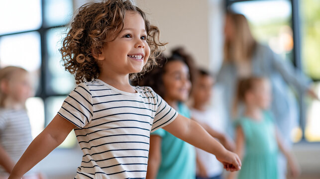 Diverse children and teacher dancing together during an active classroom lesson, joyful childhood, movement education, kindergarten activity, faceless, with copy space