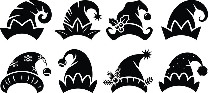 Christmas elf and Santa Claus hat silhouettes vector collection