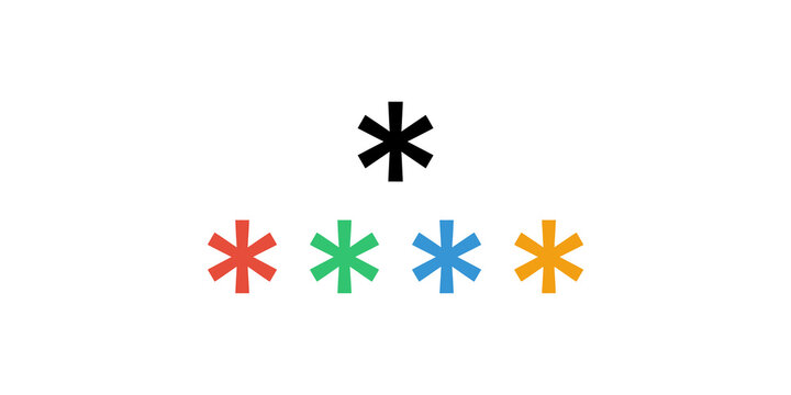 Five asterisk symbols in black and vibrant colors for document formatting or digital input fields.
