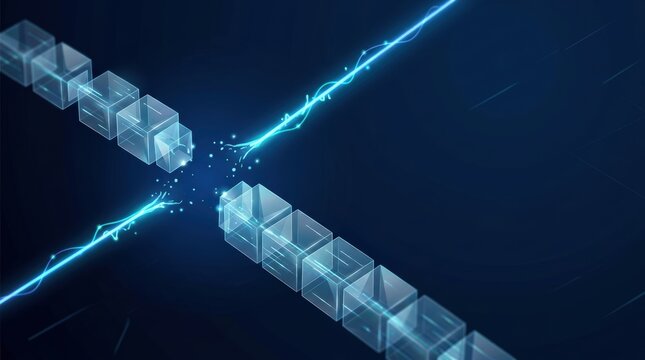 Digital blocks disrupted by electric energy on dark blue background