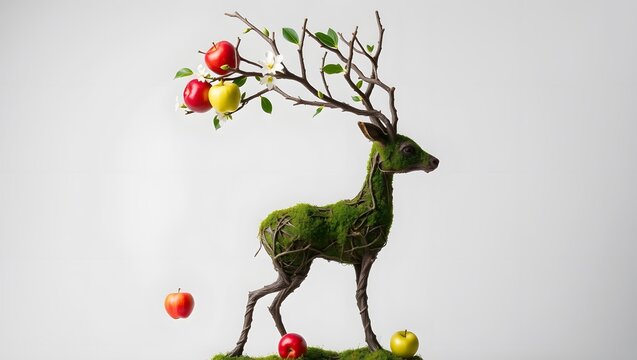Fantasy Deer Sculpture Made from Moss, Branches and Colorful Fruit