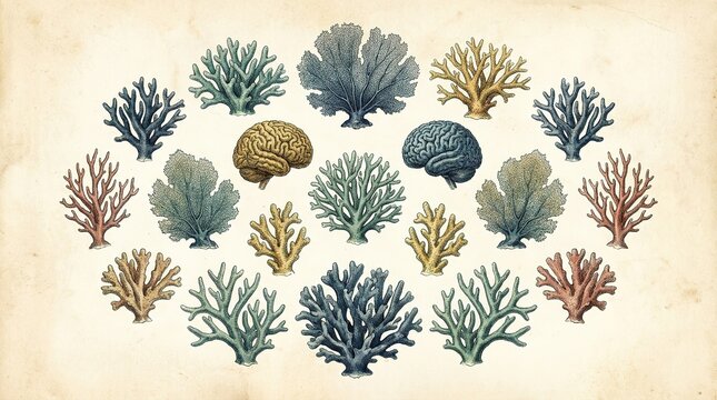 Vintage Coral and Brain Anatomy Illustration - Detailed Botanical Art