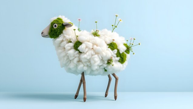 Whimsical Sheep Sculpture Made from White Cotton and Greenery