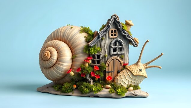 Whimsical Snail House with Spiral Shell, Flowers and Tiny Cottage