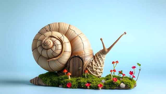 Magical Snail Sculpture with Spiral Shell and Colorful Garden