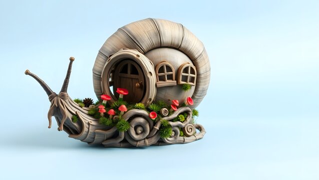 Fantasy Snail with Miniature Cottage Inside Spiral Shell