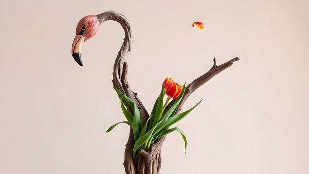 Surreal Flamingo Made from Twisted Branches, Leaves and Red Flowers