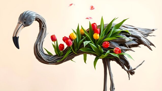 Elegant Flamingo Sculpture with Flowers and Green Leaves