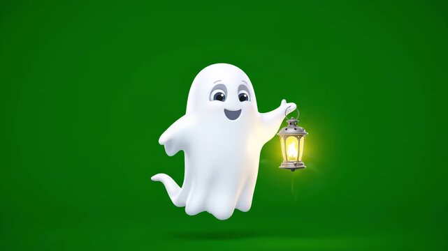 Friendly ghost holding glowing lantern on green background