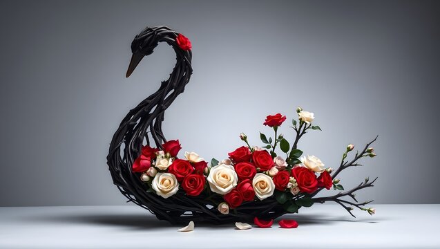 Surreal Black Swan Sculpture with Red Flowers and Twisted Branches