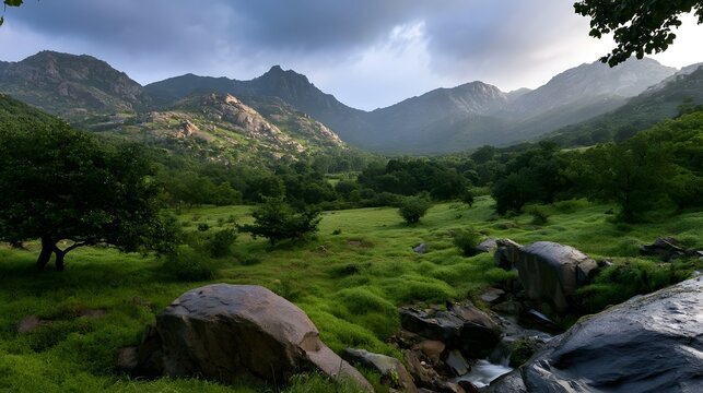 Mountain Landscape Trees Hillside Under Sky With Clouds Images