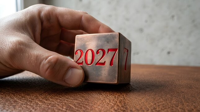 A hand holding a metallic cube with the number 2027 printed on it on a wooden table