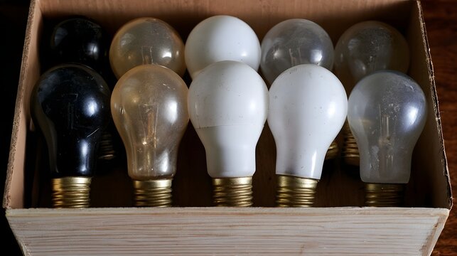 A box filled with assorted used light bulbs of different colors and conditions  showcasing practical everyday utility