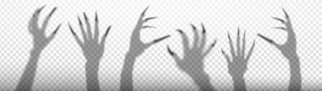 Halloween shadow overlay of scary zombie hands reaching up with long monster claws. Vector set of grey witch arm shadows isolated on transparent background for spooky horror party poster