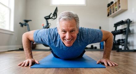 Fototapeta premium Smiling senior man doing pushups on yoga mat in home gym