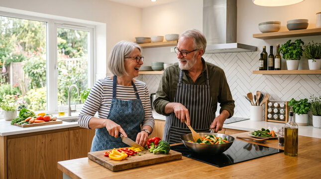 Happy senior couple cooking healthy meal together in a bright modern kitchen