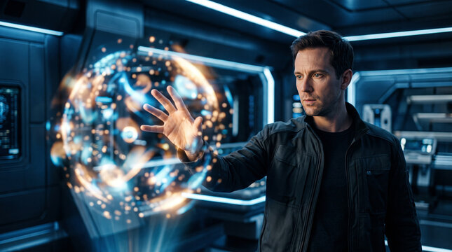 Man interacting with futuristic holographic interface in a spaceship