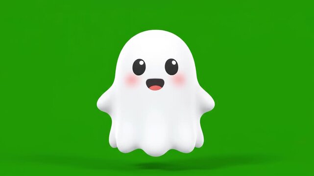 Cute white ghost character with happy expression on green background