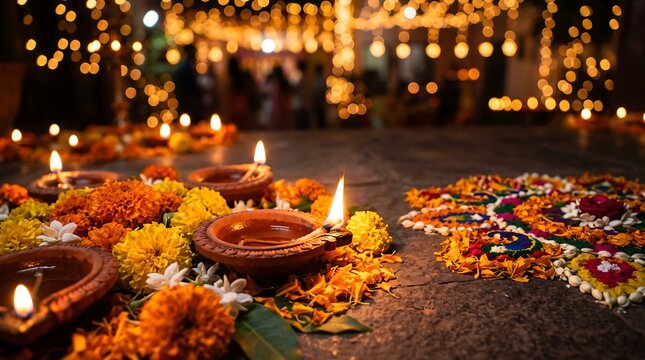 Glowing oil lamps and a colorful floral rangoli on the ground for diwali festival celebration with blurred festive lights background
