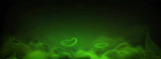 Naklejka premium Eerie toxic green fog on a moody green background, dark atmospheric Halloween banner with magic smoke, glowing swirls, sparkling dust and neon emerald mist