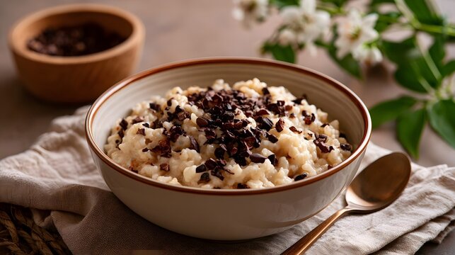 A warm bowl of creamy oatmeal topped with dark cacao nibs  served with a wooden spoon and fresh flowers nearby