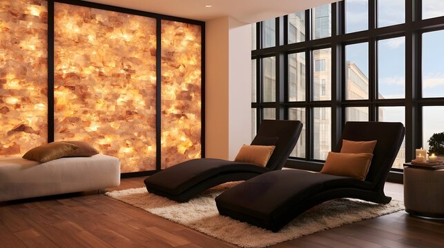 Modern lounge with Himalayan salt wall  black chaise lounges  and large overlooking city buildings