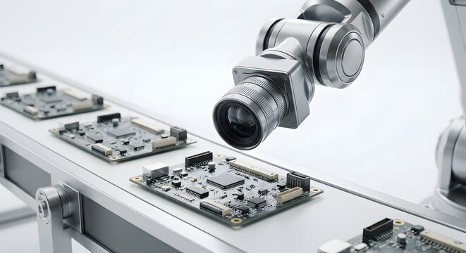 Robotic camera inspection system performing automated optical quality control on printed circuit board conveyor line