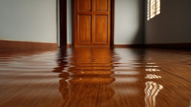 An empty room with wooden flooring is flooded with water, reflecting the closed wooden door and window light.