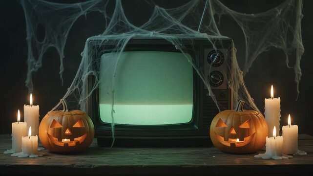 Vintage television flickering with spooky pumpkins and candles