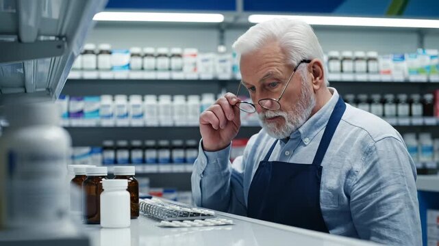 Senior pharmacist works at pharmacy counter with medicine bottles nearby. Elderly man in apron organizes medication. Pharmacist handles pills at pharmacy. Senior works with medicine at drugstore.