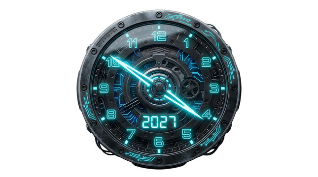 A futuristic mechanical watch face with glowing blue neon numbers and complex gears displaying the year 2027 as an isolated on transparent background