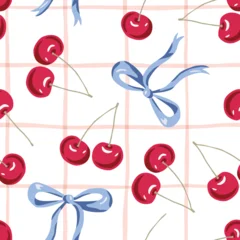 Red cherry fruits, blue bows, gingham white background. Vector illustration. Seamless pattern. Summer garden. Tablecloth design © ojardin