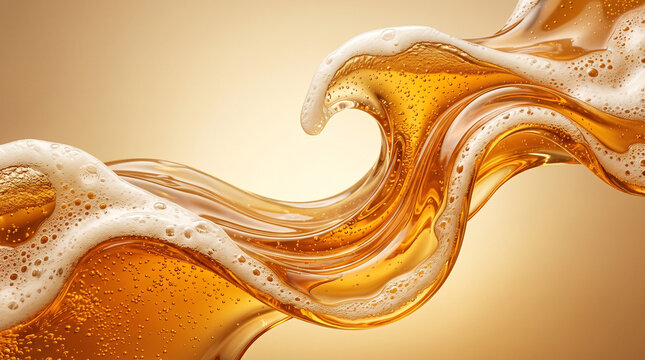 oktoberfest abstract flowing golden beer waves with foam and bubbles on light background