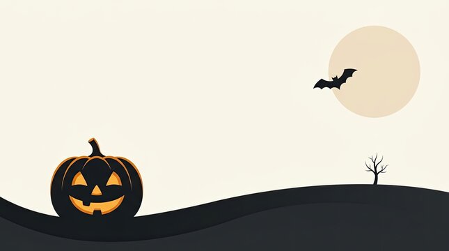 Spooky halloween background featuring a glowing jack o lantern on a dark hill with a flying bat