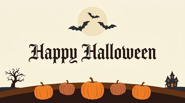 Happy halloween greeting card design with pumpkins bats and a full moon on a vintage background