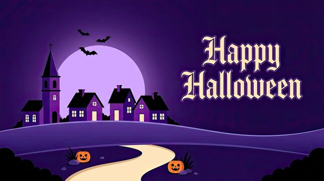 Happy halloween greeting card design with a spooky haunted house silhouette under a full moon night sky