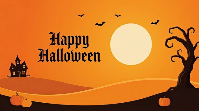 Happy halloween greeting card design with a spooky haunted house silhouette and a full moon background