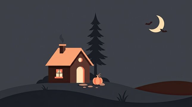 A cozy small cabin with a glowing campfire under a crescent moon in a dark night landscape