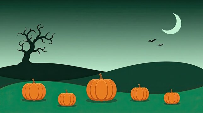 Spooky halloween landscape featuring orange pumpkins on a grassy hill under a crescent moon and dark sky